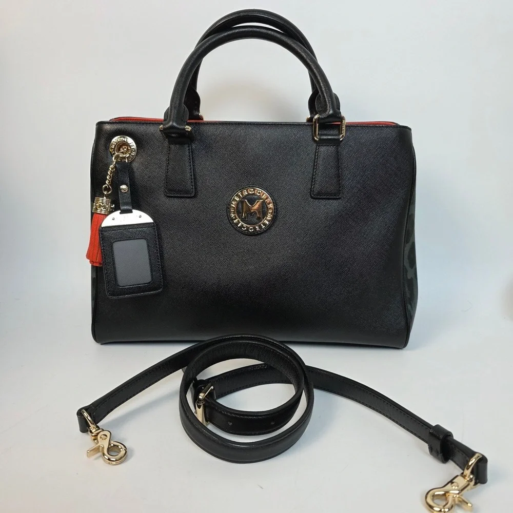 Metrocity Black Saffiano Leather Leopard Print Satchel Handbag Gold‎ Hardware